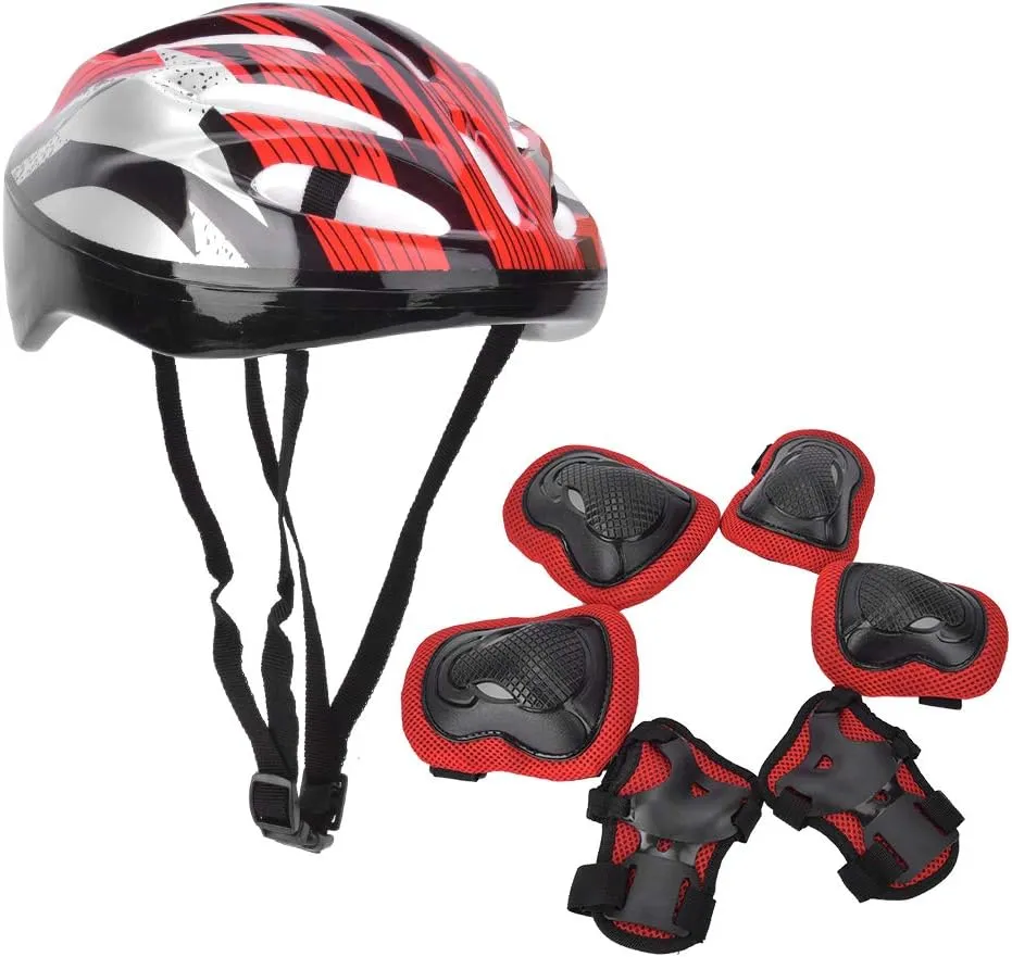 BORDSTRACT Skateboard Protection Gear, 7pcs Adult Roller Skates Guard Set with Knee Pads Elbow Pads Helmet Gloves, for Multi Outdoor Sports, Scooter, Skateboarding(Red)