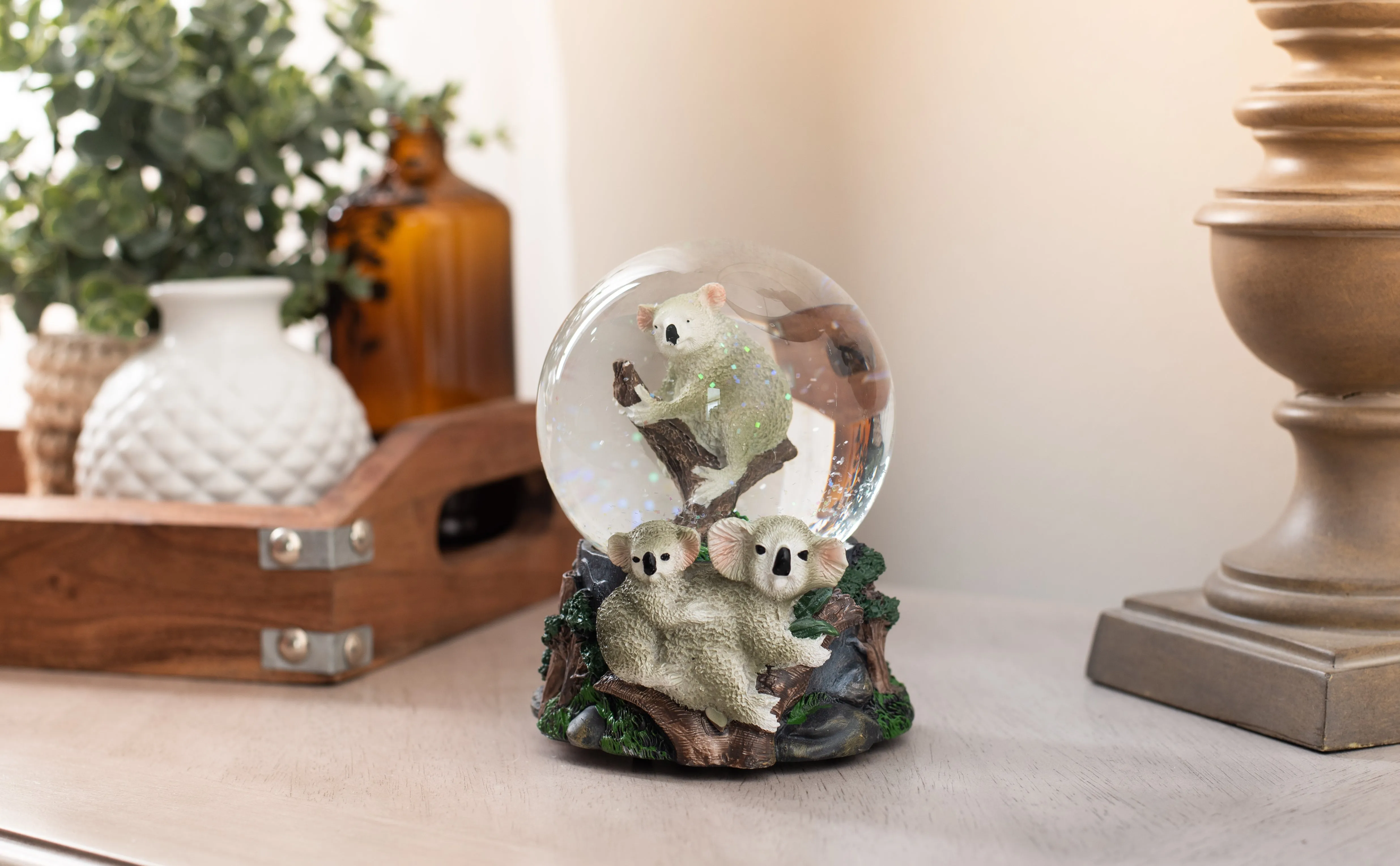 Climbing Koala Family 100MM Musical Snow Globe Plays Tune Born Free