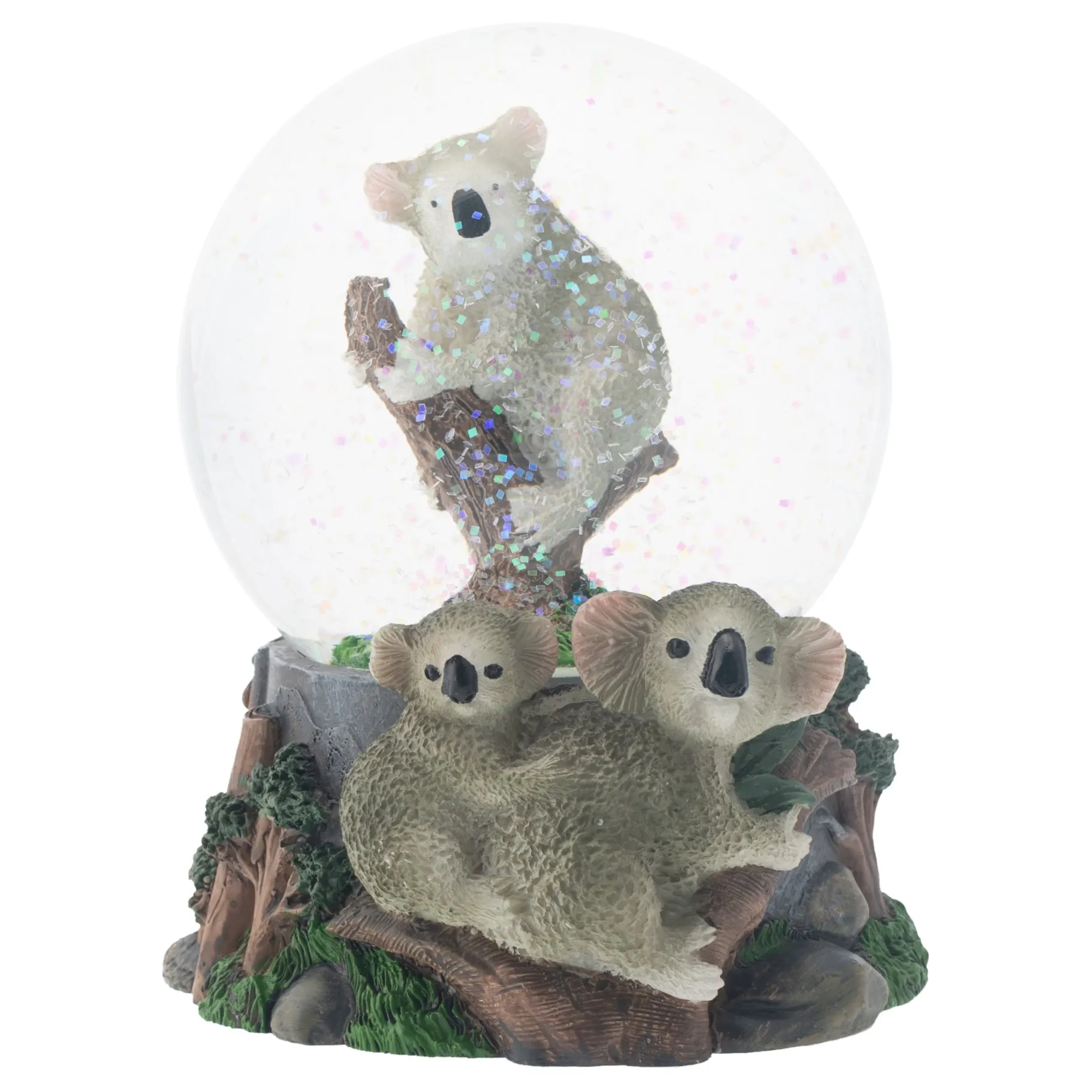Climbing Koala Family 100MM Musical Snow Globe Plays Tune Born Free