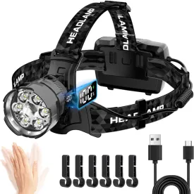 LED Headlamp Rechargeable, High Lumen Super Bright Head Lamp for Adults with Motion Sensor, 7 Modes, IPX7 Waterproof, 150 Adjustable Headlamps for Forehead Camping Hiking