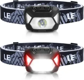 Lepro 320015 Battery Powered Headlamp - 1300Lux Super Bright LED Head Lamp with Red Light, IPX4 Waterproof Headlights for Outdoor Camping, Hiking, Hunting, Power Outages, Emergency, Hurricane, 2 Pack