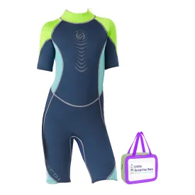 Little Surprise Box Colorblock Green & Light Blue 2.5mm Neoprene Knee Length Kids Swimsuit, Half Sleeves Swimwear-Small