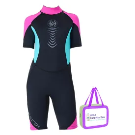 Little Surprise Box Colorblock Pink & Black 2.5mm Neoprene Knee Length Kids Swimsuit, Half Sleeves Swimwear