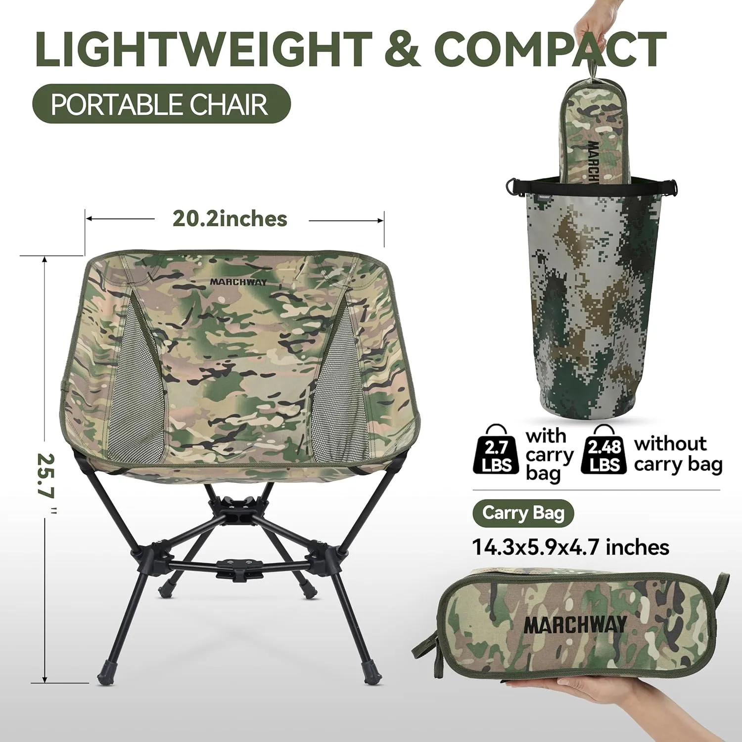 MARCHWAY Lightweight Folding Camping Chair, Portable Foldable Compact for Outdoor Camp, Travel, Beach, Picnic, Festival, Hiking, Backpacking, Supports 330Lbs (Camo)