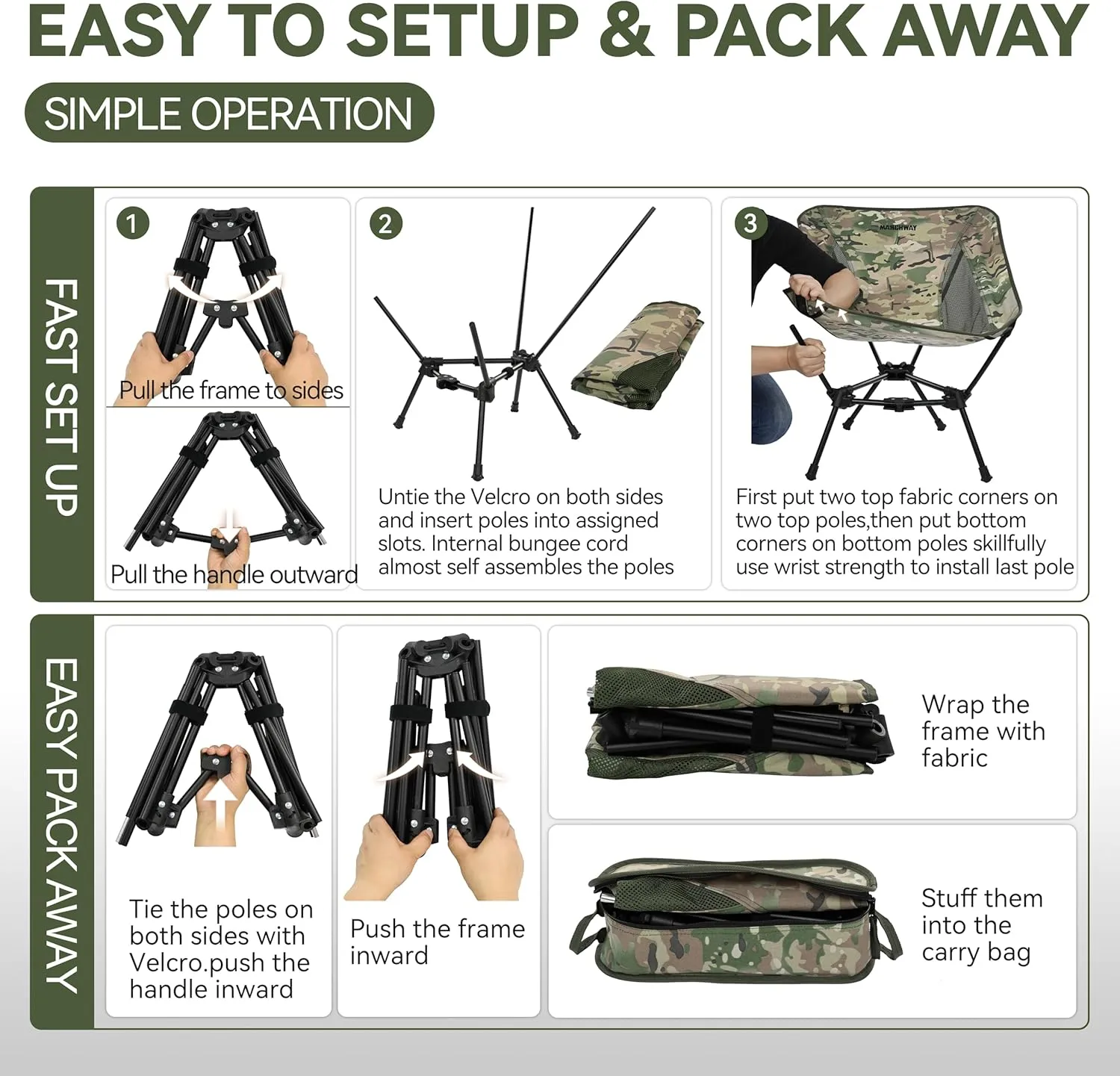 MARCHWAY Lightweight Folding Camping Chair, Portable Foldable Compact for Outdoor Camp, Travel, Beach, Picnic, Festival, Hiking, Backpacking, Supports 330Lbs (Camo)